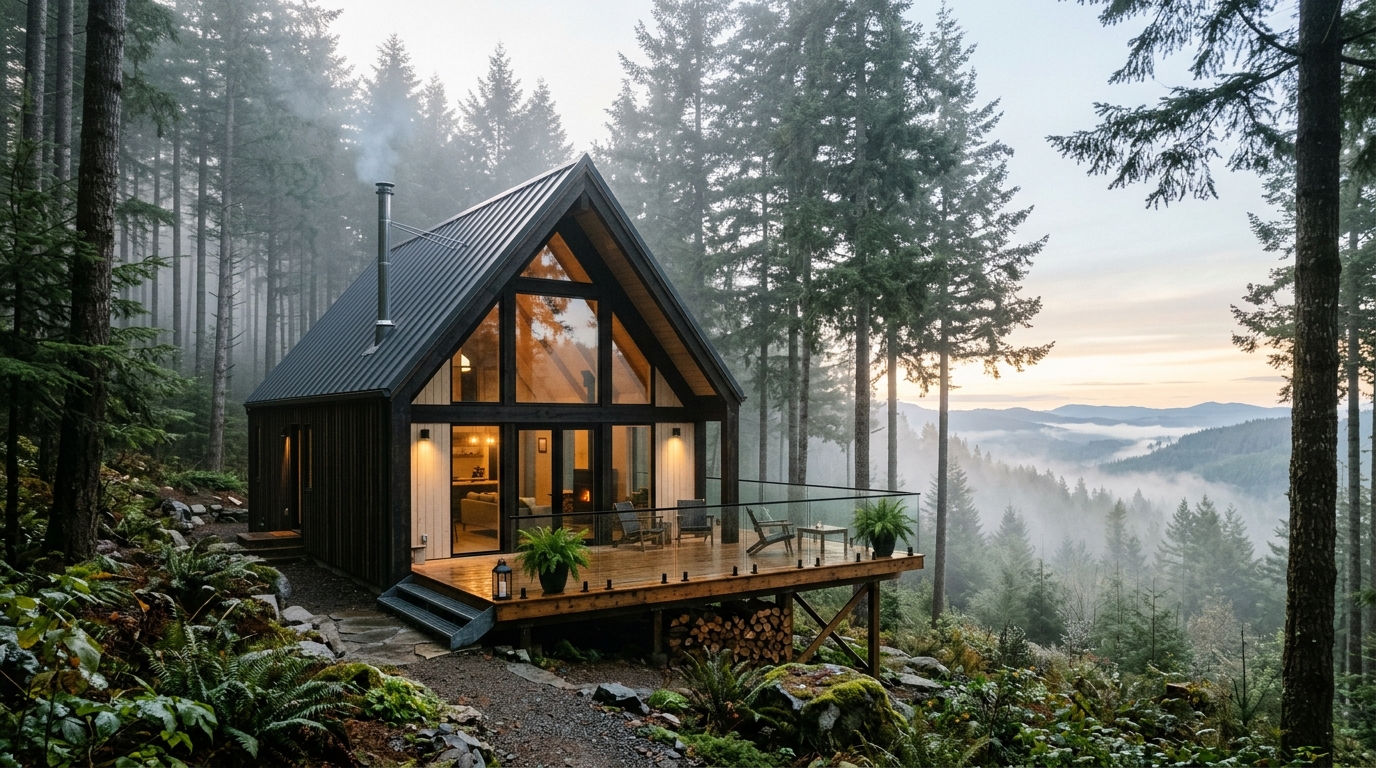 Maison bois contemporaine dans une forêt de pins au lever du jour